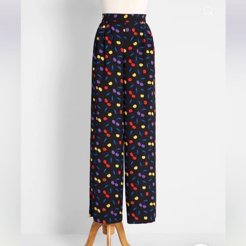 Modcloth Choose Happiness Colorful Wide Leg Pants Black Cherry Bomb M